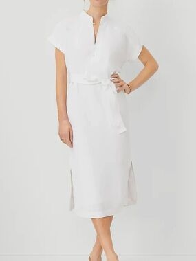 Ann Taylor White Midi Tie-Waist Shirt Dress